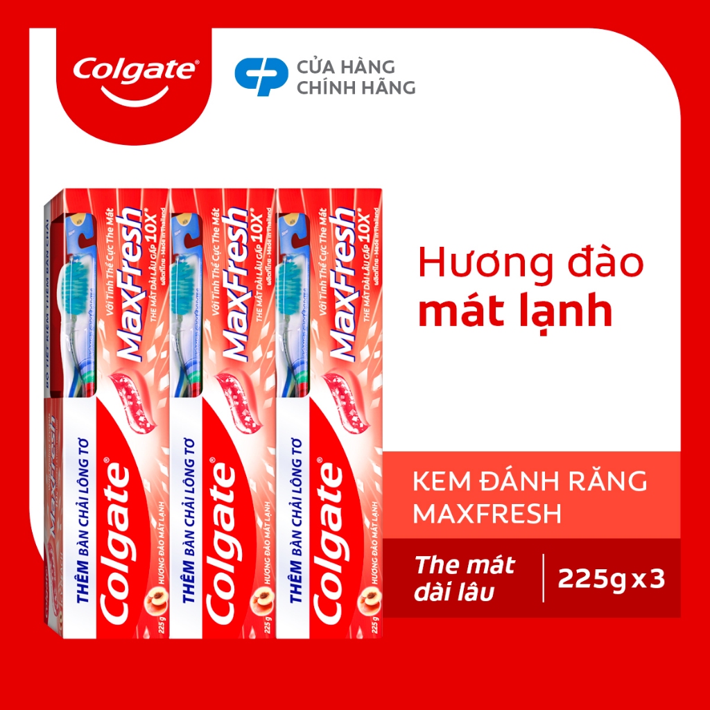 Bộ 3 Kem đánh răng Colgate MaxFresh Hương Đào Mát Lạnh 225g kèm bàn chải