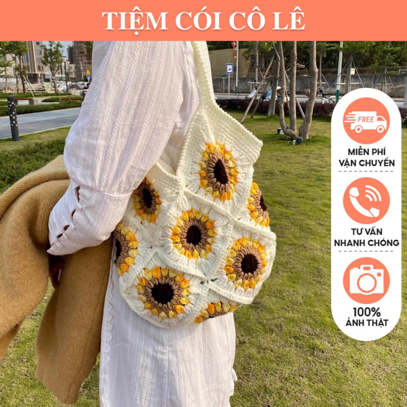 (Kèm video)Túi len móc sợi thủ công hình hoa hướng dương vintage-Tiệm Cói Cô Lê