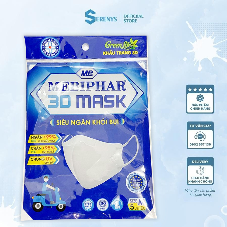 [COMBO 100 TÚI] Khẩu trang 3D MASK MEBIPHAR chống nắng chặn tia ngăn tới 99 khói bụi và vi khuẩn UV Size M 1 gói 5 chiếc