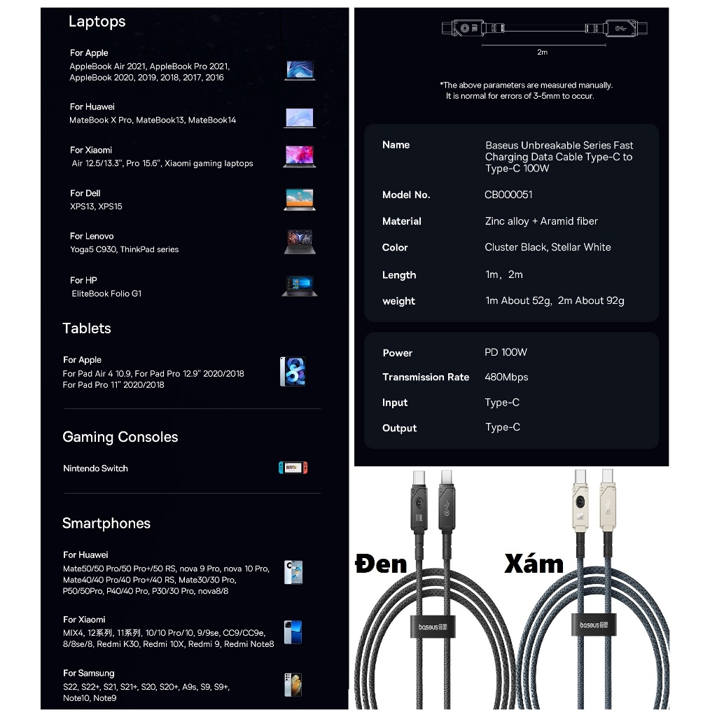 Dây sạc nhanh 100W C to C cho laptop macbook điện thoại siêu bền Baseus Aramid CB000051