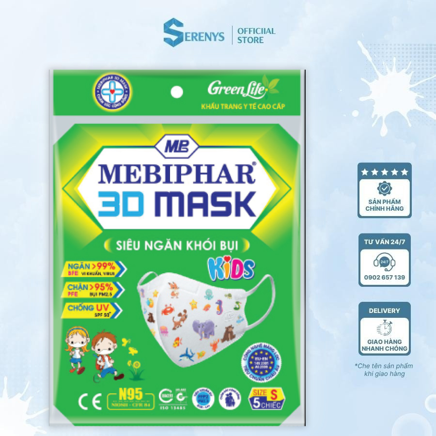 Khẩu trang trẻ em ngăn khói bụi/ vi khuẩn 3D Mask Mebiphar size M - Gói 5 cái