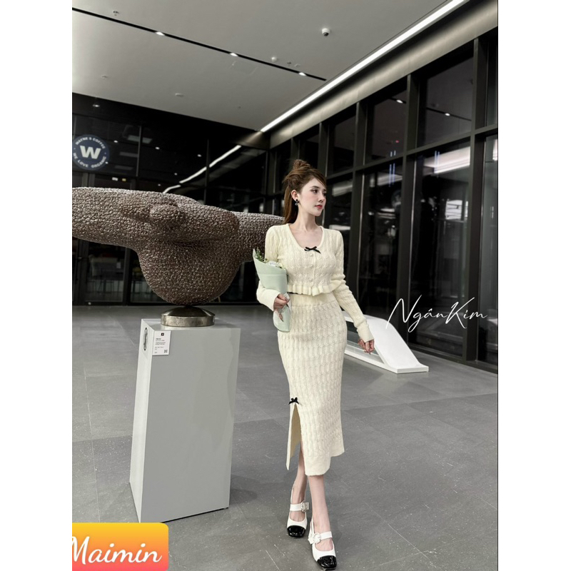 Set len thừng nơ chân bèo mix chân váy xẻ siêu xinh Hàng QC