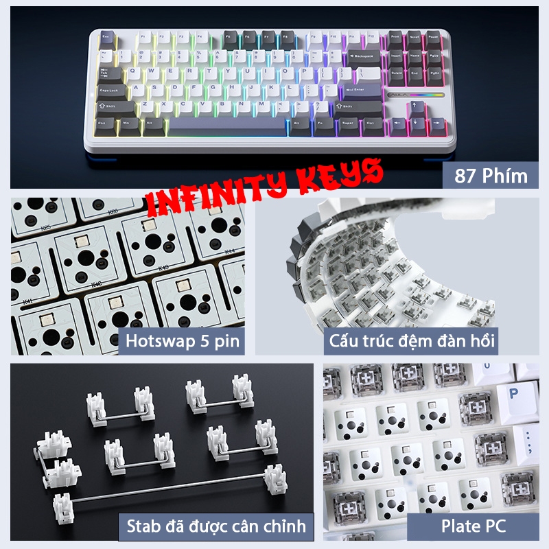 Bàn phím cơ không dây AULA F87 chính hãng - 3 mode kết nối tiện lợi - Hỗ trợ hotswap - LED RGB nhiều chế độ