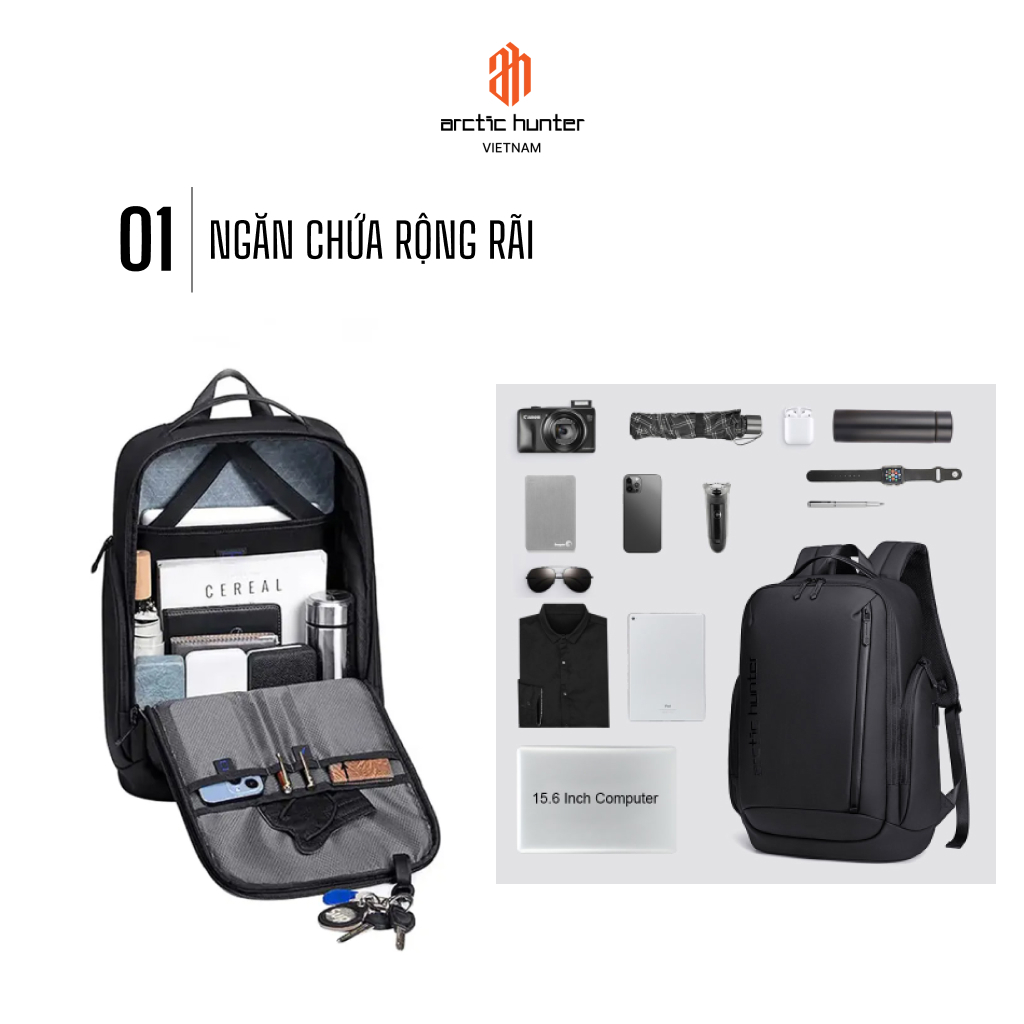 Balo laptop Arctic Hunter B00554 chống thấm nước 15.6 inch sức chứa lớn, đa năng, phù hợp đi làm đi học đi chơi
