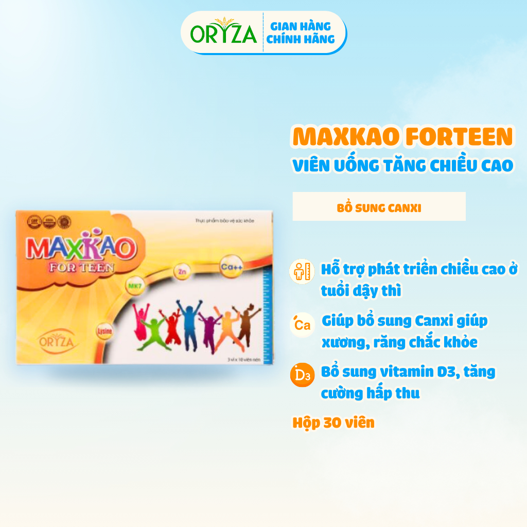 Viên uống tăng chiều cao Maxkao Forteen ORYZA PHARMA giúp bổ sung Canxi, Axit amin, giúp ăn ngon,Hộp 30 viên