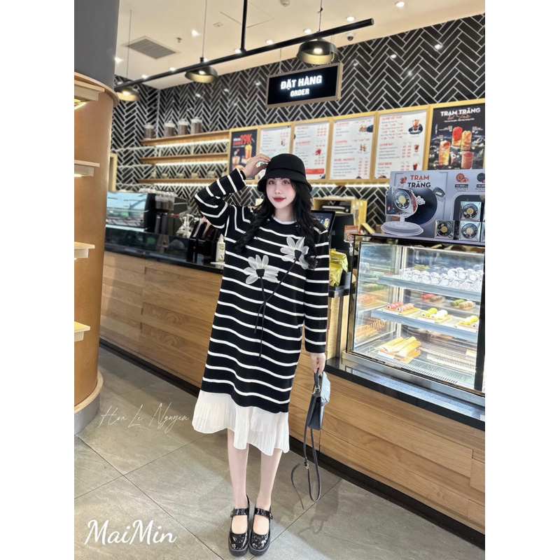 Váy len hoa 3D tay dài phối chân dập li hàng QC Bầu bí bon chen thoải mái