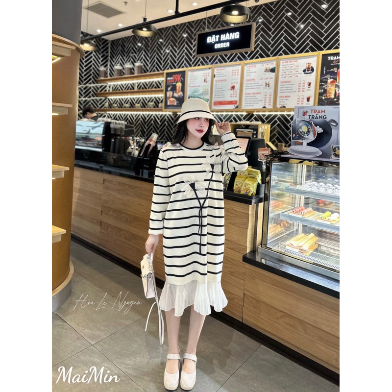 Váy len hoa 3D tay dài phối chân dập li hàng QC Bầu bí bon chen thoải mái