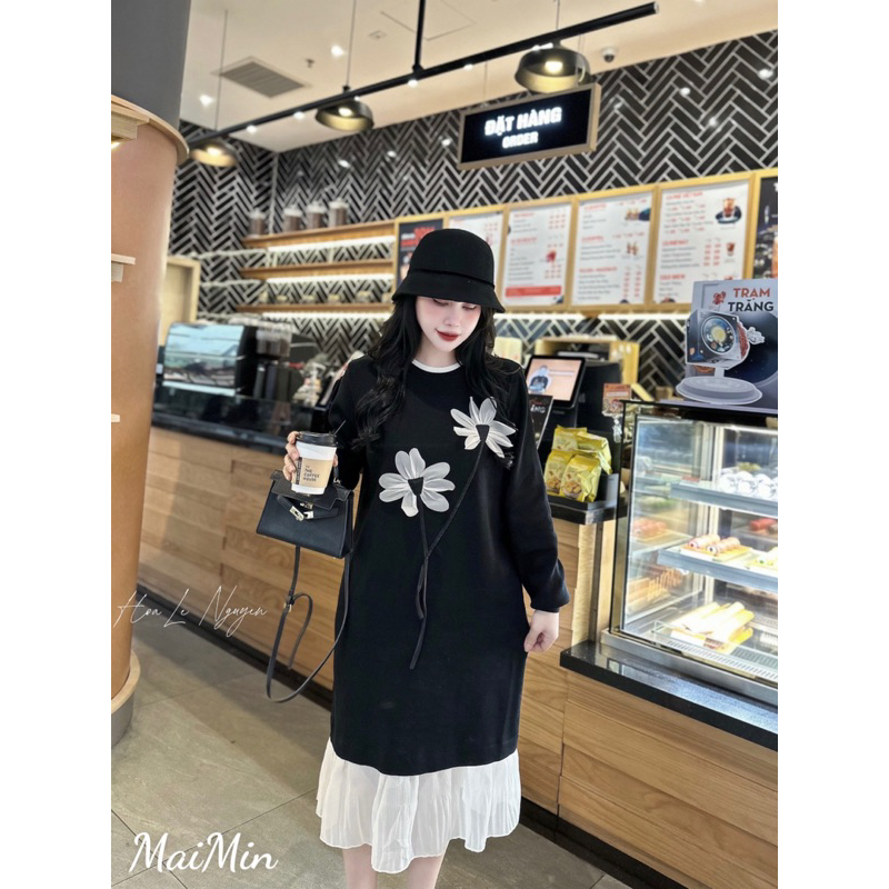 Váy len hoa 3D tay dài phối chân dập li hàng QC Bầu bí bon chen thoải mái