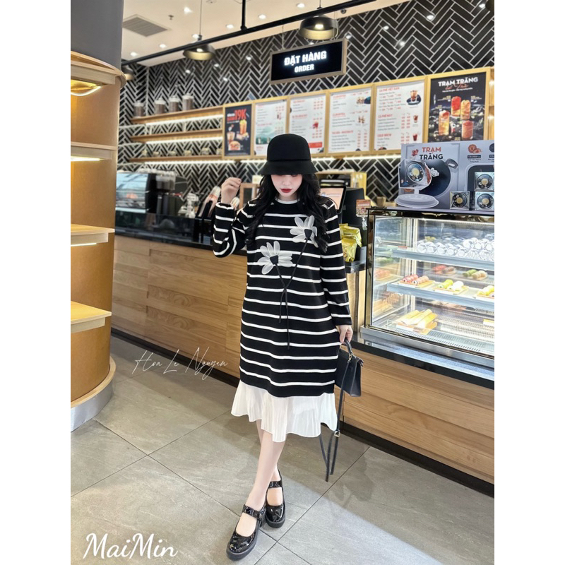 Váy len hoa 3D tay dài phối chân dập li hàng QC Bầu bí bon chen thoải mái