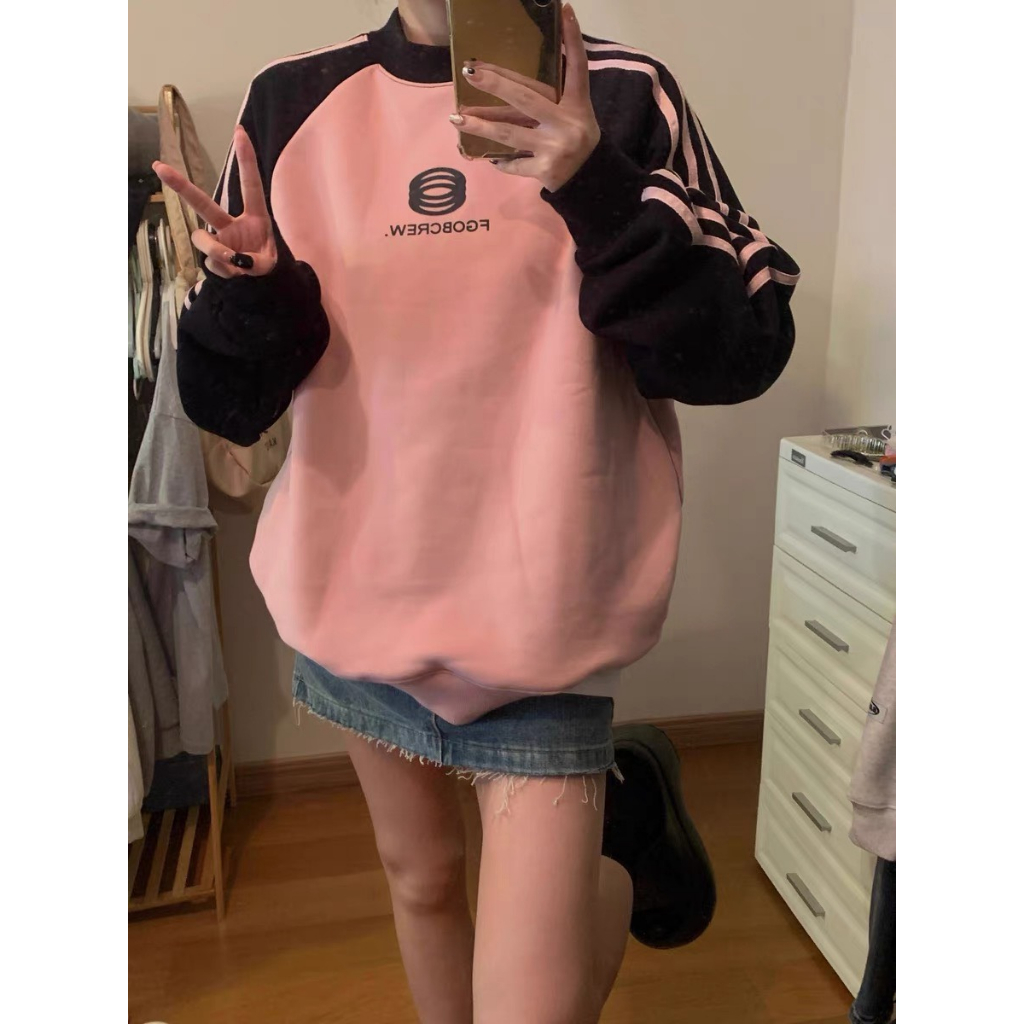 Áo nỉ bông sweater màu hồng đen phối sọc thể thao tay bồng form rộng