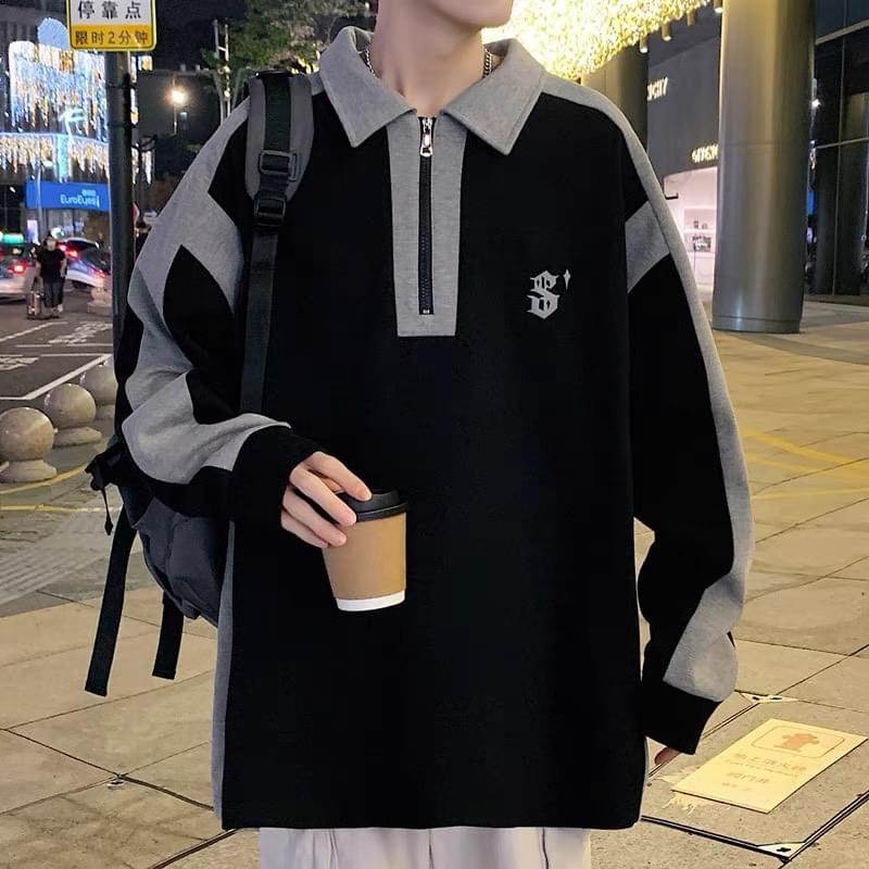 Áo sweater cổ polo in chữ $ khoá kéo Unisex dáng rộng tay bồng thời trang thu đông Hàn Quốc