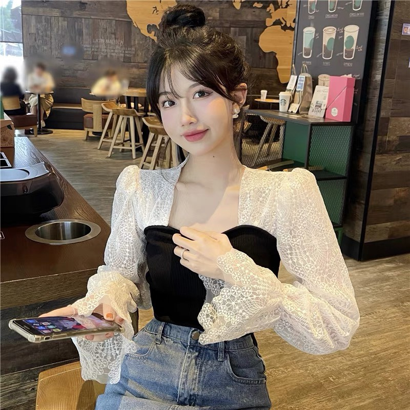 - Áo len tăm phối tay ren hàng Quảng Châu phong cách tiểu thư kèm ảnh thật