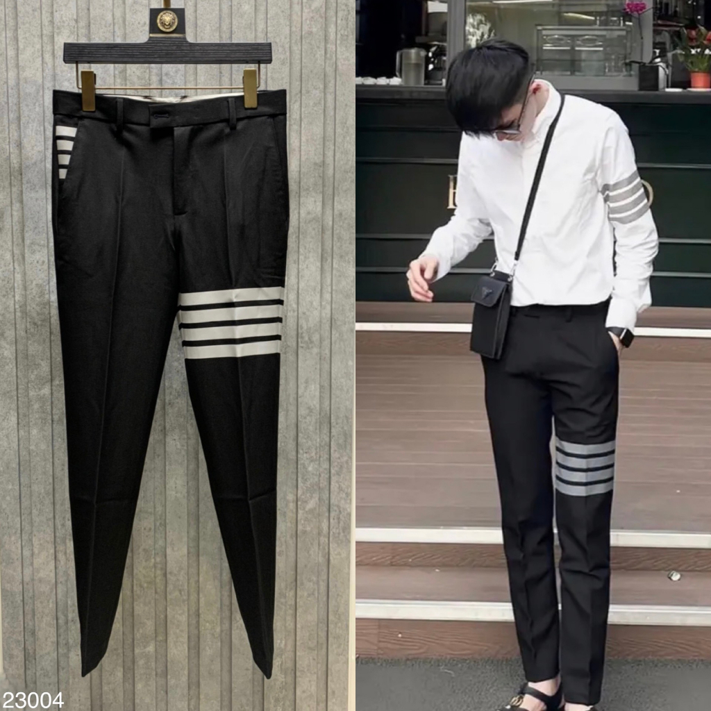 Quần âu nam Thom Browne in 4 sọc xám đùi phối thêu chữ túi sau vạch kẻ lưng eo boy phố hàn quốc hot 2023