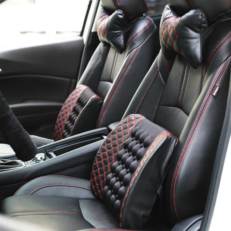 Gối tựa lưng massage trên xe ô tô, xe hơi loại bọc da cao cấp, Đệm massage lưng rung thư gian điện 12v