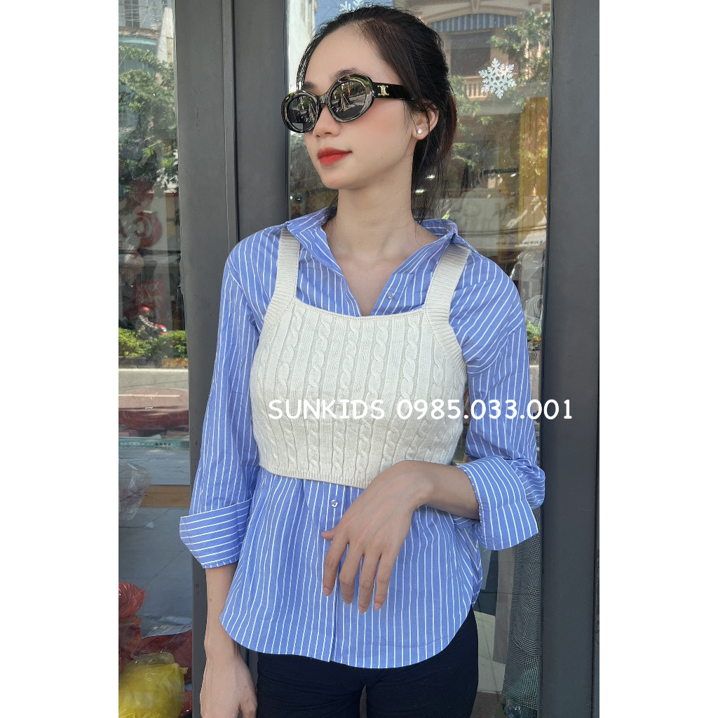 Set áo sơ mi bé gái kẻ xanh kèm gile len rời