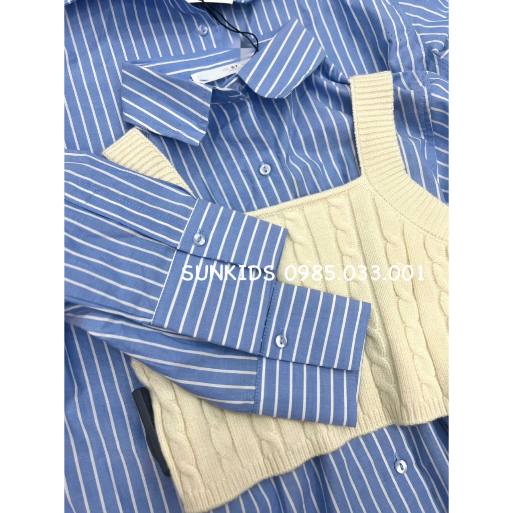 Set áo sơ mi bé gái kẻ xanh kèm gile len rời