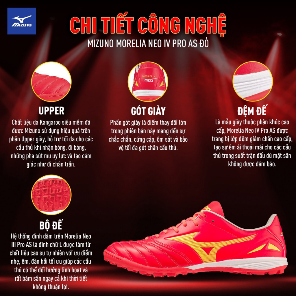 Giày đá bóng Mizuno Morelia Neo IV Pro As,sân cỏ nhân tạo,da Kangaroo siêu mềm, đệm giảm chấn cao cấp, đế đinh chữ L