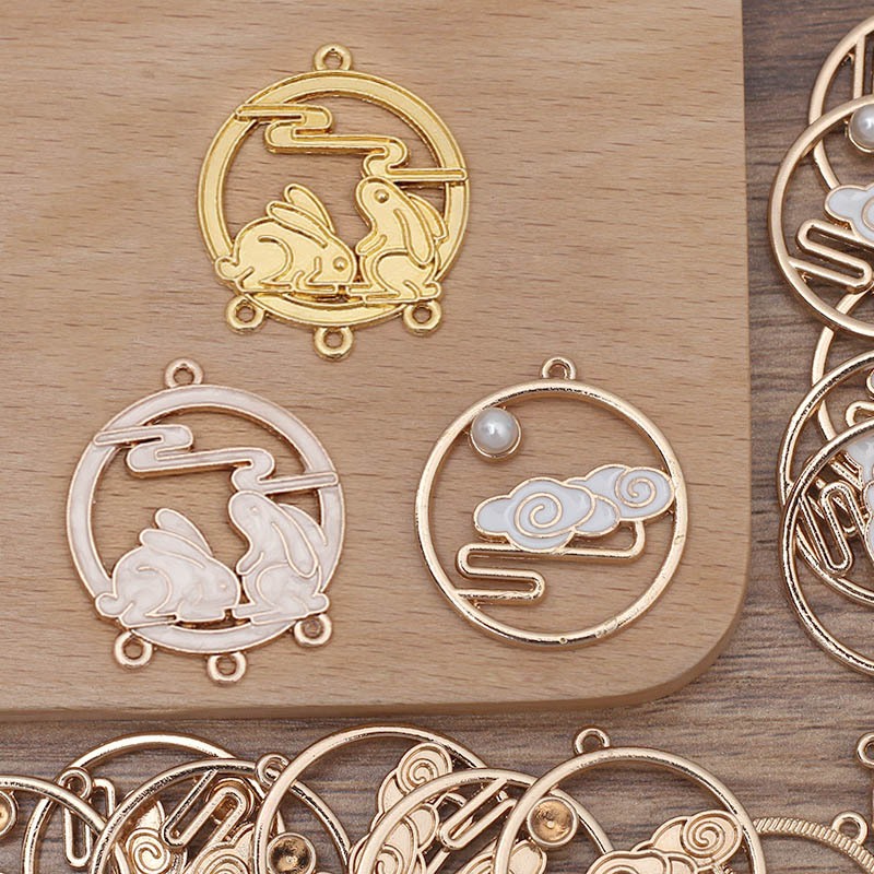 Phiến treo đúc họa tiết tròn thỏ ngọc vân mây sơn màu men nguyên liệu làm trâm làm trang sức cổ trang cosplay cổ phục KC