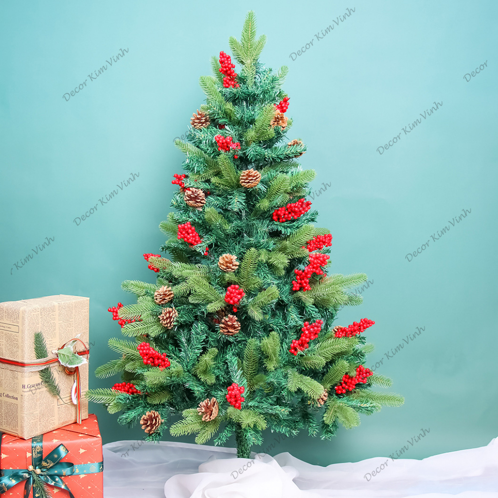 Cây Thông C8 CAO 1.8 MÉT Lá PE gắn Trái Đỏ loại tán dày rậm Cây Thông Trang Trí Noel