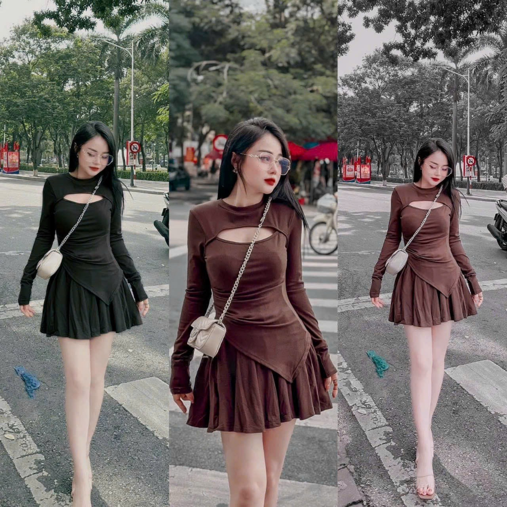 Set bộ nữ chân váy xòe áo thun tăm khoét ngực dài tay - chất thun gân