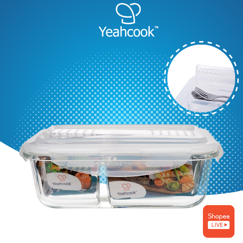 Hộp đựng cơm thủy tinh chia ngăn cao cấp Yeahcook Glass Box 3 ngăn kèm bộ thìa dĩa dao nắp hộp tiện lợi