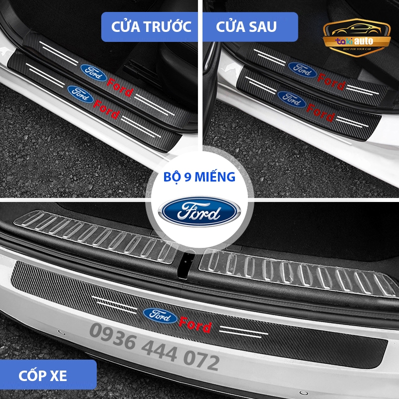 FORD - Set 9 miếng dán nẹp cửa chống trầy xước bậc cửa, cốp xe ô tô sợi carbon xe Ford Ranger,Focus,Everest,Ecosport,Fie