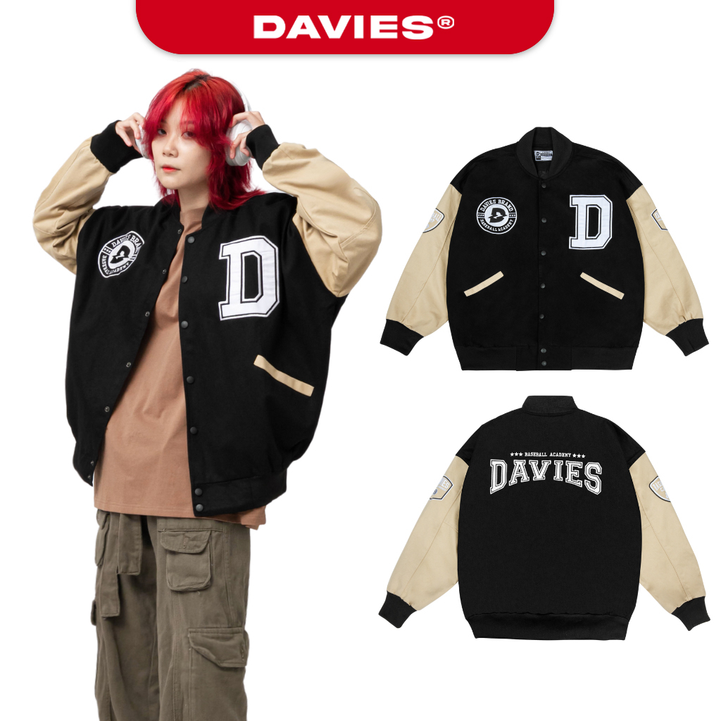 Áo khoác bomber bóng chày thêu chữ Davies Beige Varsity Baseball Academy Bomber| D19-AK1-B