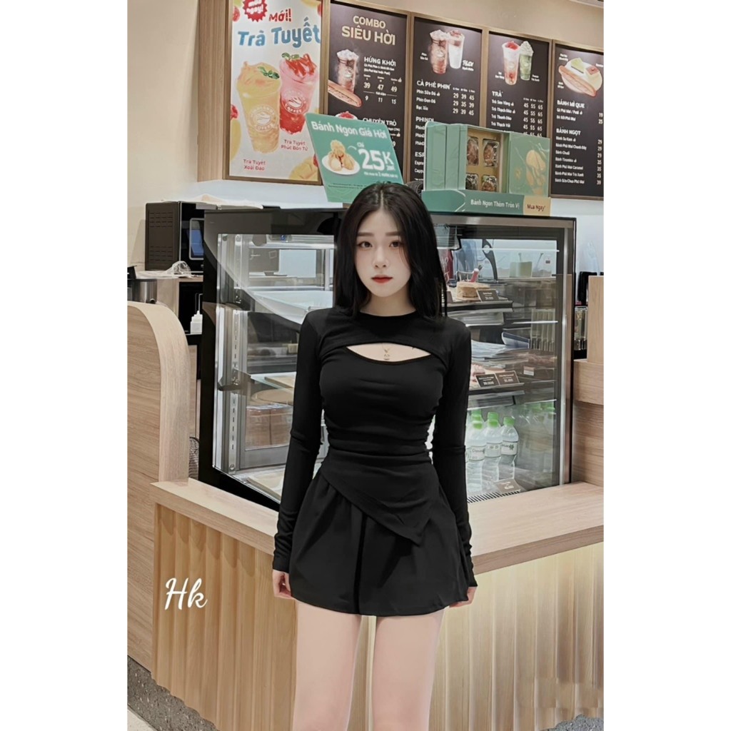 Set áo thun dài tay khoét ngực kèm chân váy hàng loại 1