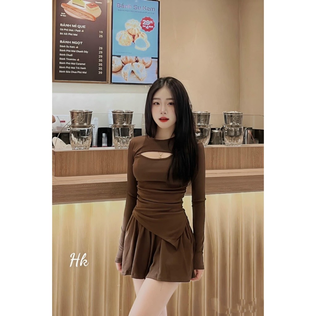 Set áo thun dài tay khoét ngực kèm chân váy hàng loại 1
