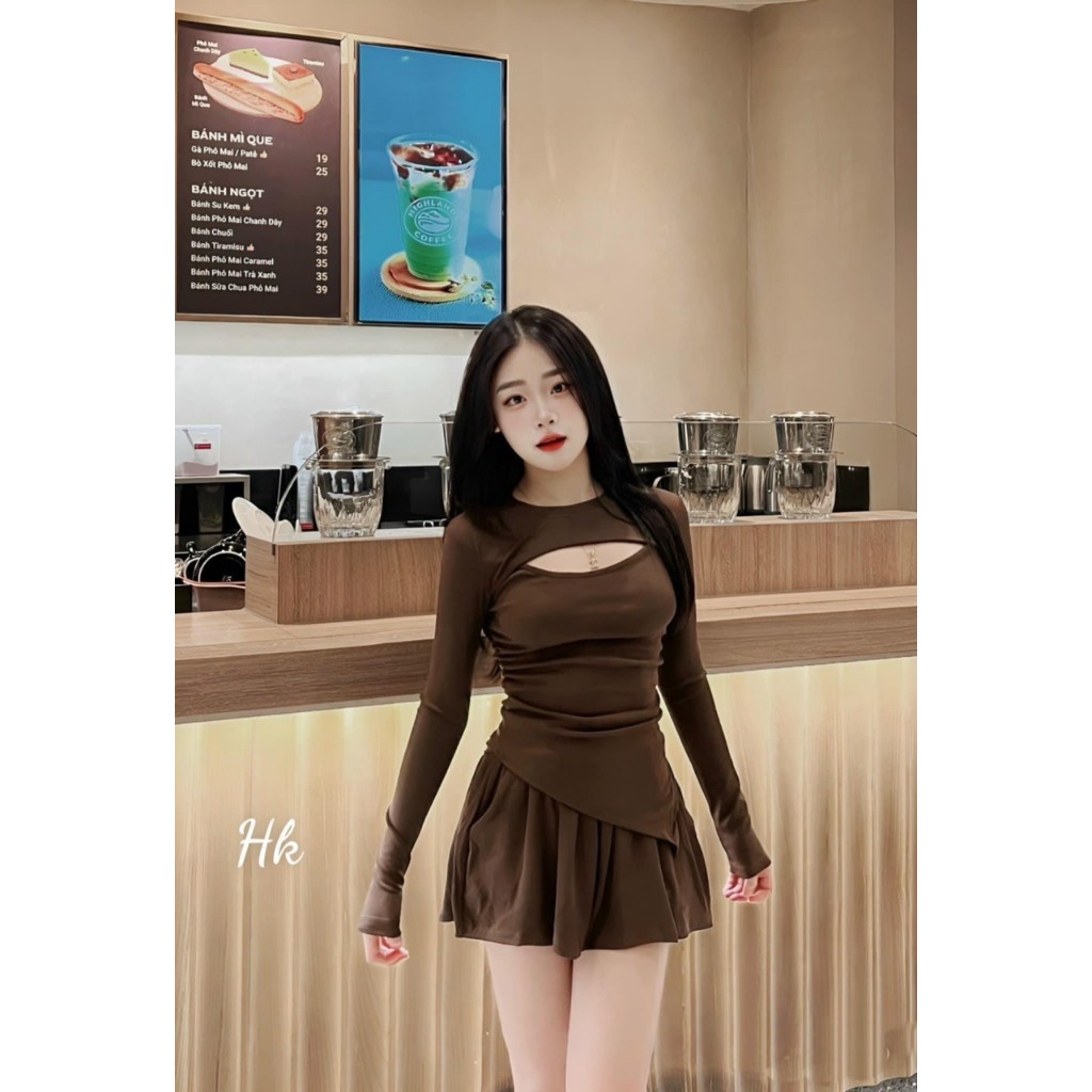 Set áo thun dài tay khoét ngực kèm chân váy hàng loại 1
