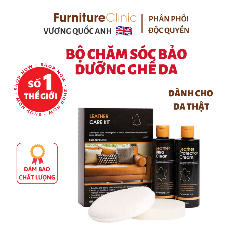 Bộ vệ sinh bảo dưỡng ghế da hãng Furniture Clinic Vương quốc Anh - Leather Care kit 250ml làm sạch hiệu quả và an toàn