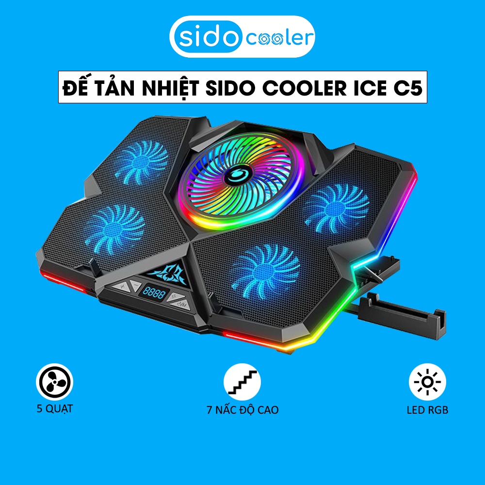 Đế tản nhiệt laptop SIDOCOOLER ICE C5 làm mát nhanh 5 quạt lớn chống ồn đèn 12 chế độ LED gaming trang bị màn hình LCD