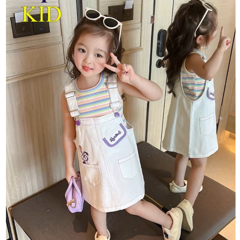 Set Yếm Váy Kaki Thỏ Kèm Áo Kaki Cho Bé Gái WOWKIDS, Set Áo Len Kèm Yếm Thỏ Phong Cách Hàn Quốc
