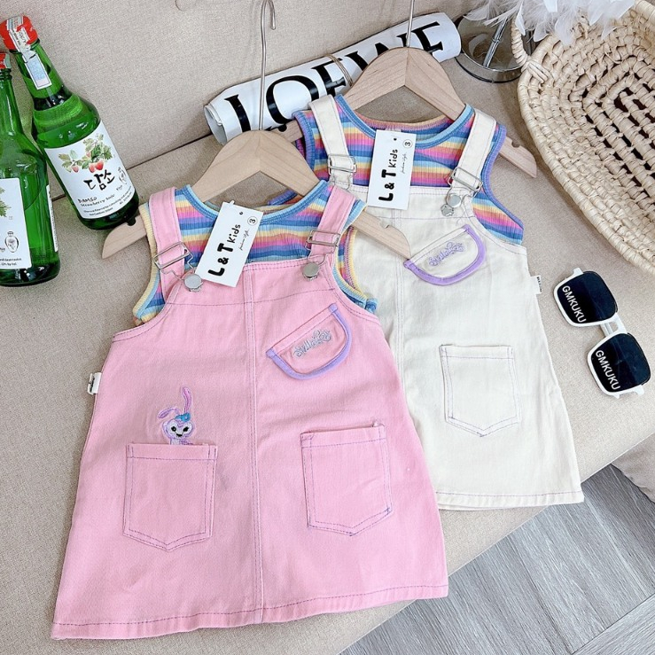 Set Yếm Váy Kaki Thỏ Kèm Áo Kaki Cho Bé Gái WOWKIDS, Set Áo Len Kèm Yếm Thỏ Phong Cách Hàn Quốc