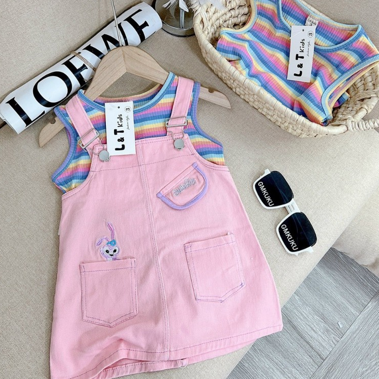 Set Yếm Váy Kaki Thỏ Kèm Áo Kaki Cho Bé Gái WOWKIDS, Set Áo Len Kèm Yếm Thỏ Phong Cách Hàn Quốc