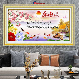Tranh đính đá LV528 (1m x 55cm), tranh thêu chữ thập gia đình hạnh phúc LV3476 (84cm x 47cm)