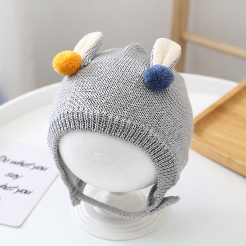 Mũ Len Hàn Quốc Cho Bé Trai Bé Gái Sơ Sinh Hình Tai Gấu Gắn Quả Bông Cực Đáng Yêu 0-2 tuổi