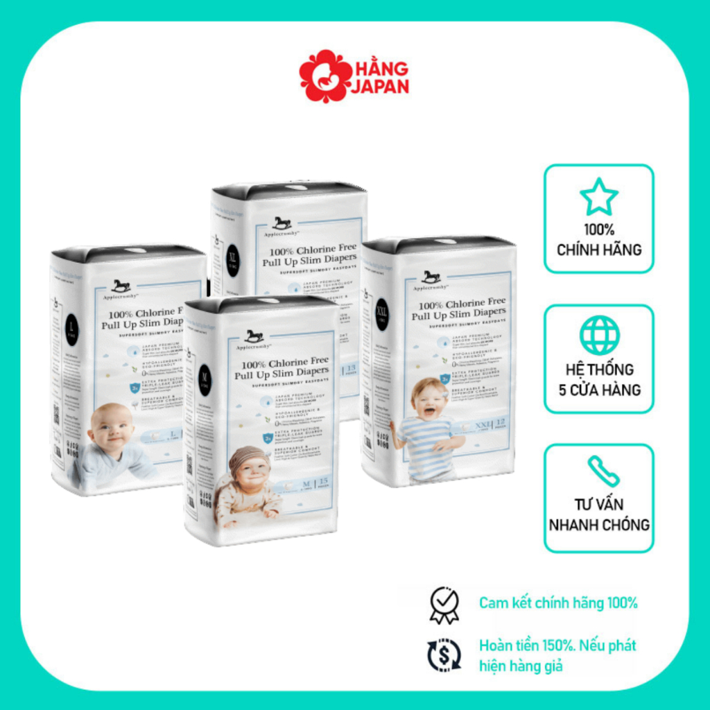 Bỉm Tả Dán / Quần Applecrumby Slim / Mini đủ size S16/M15/L14/XL13/XXL12 cho bé mẫu mới nhất - Hàng chính hãng