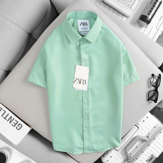  Áo sơ mi nam tay ngắn ZARA màu XANH ĐẬU vải cotton lụa cao cấp chống nhăn - MÀU XU HƯỚNG 2024 