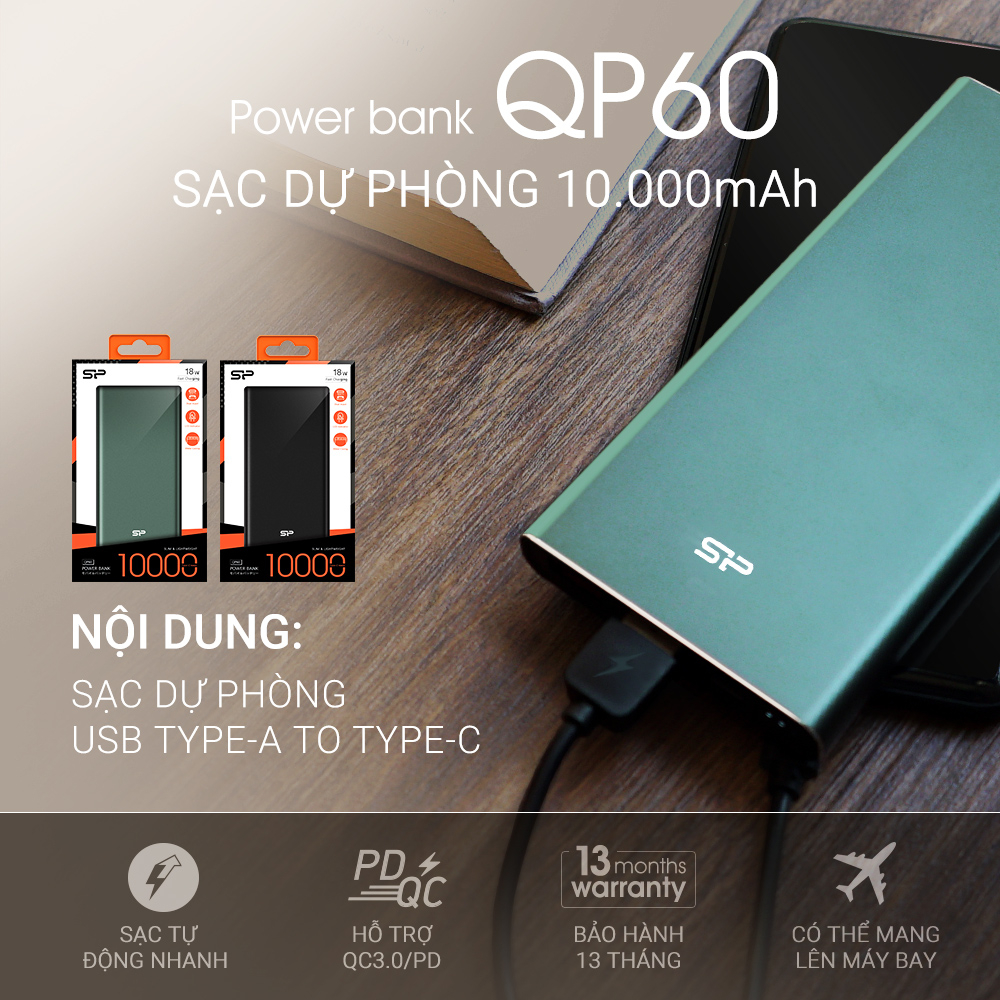 Pin Sạc Dự Phòng Sạc Nhanh/ Chống cháy nổ Silicon Power QP60 -10000mAh/Bảo hành 13 tháng