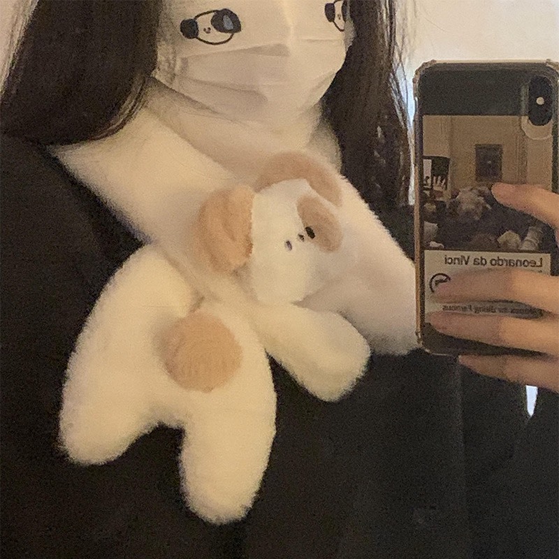 KHĂN CHOÀNG CỔ LÔNG MỊN VÀ GĂNG TAY CHẤT BÔNG HÌNH CHÚ CHÓ MẮT NÂU