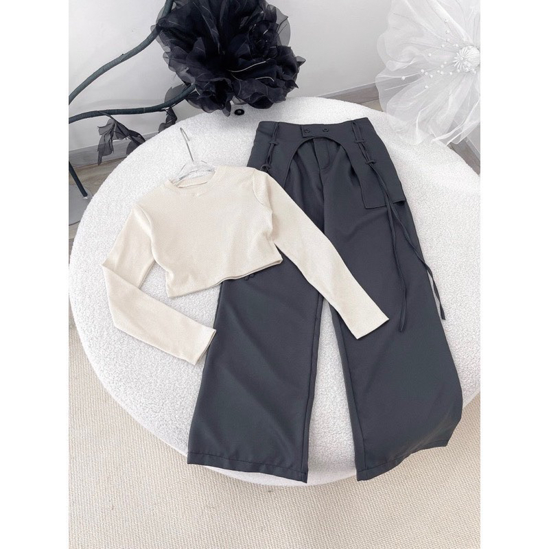 SET ÁO THUN TRẮNG CRTOP TAY DÀI MIX QUẦN XUÔNG XÁM QUẤN EO