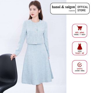 Đầm váy bộ công sở fashion, thiết kế cổ vuông, tay dài, chân váy xòe cao cấp đi làm, dự tiệc