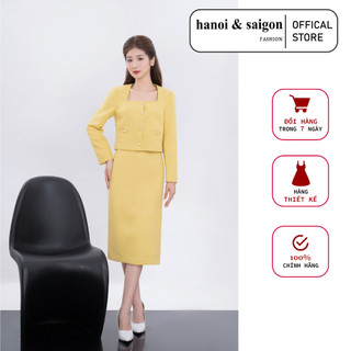 Đầm váy bộ công sở fashion, thiết kế cổ vuông, tay dài, chân váy bút chì cao cấp đi làm, dự tiệc