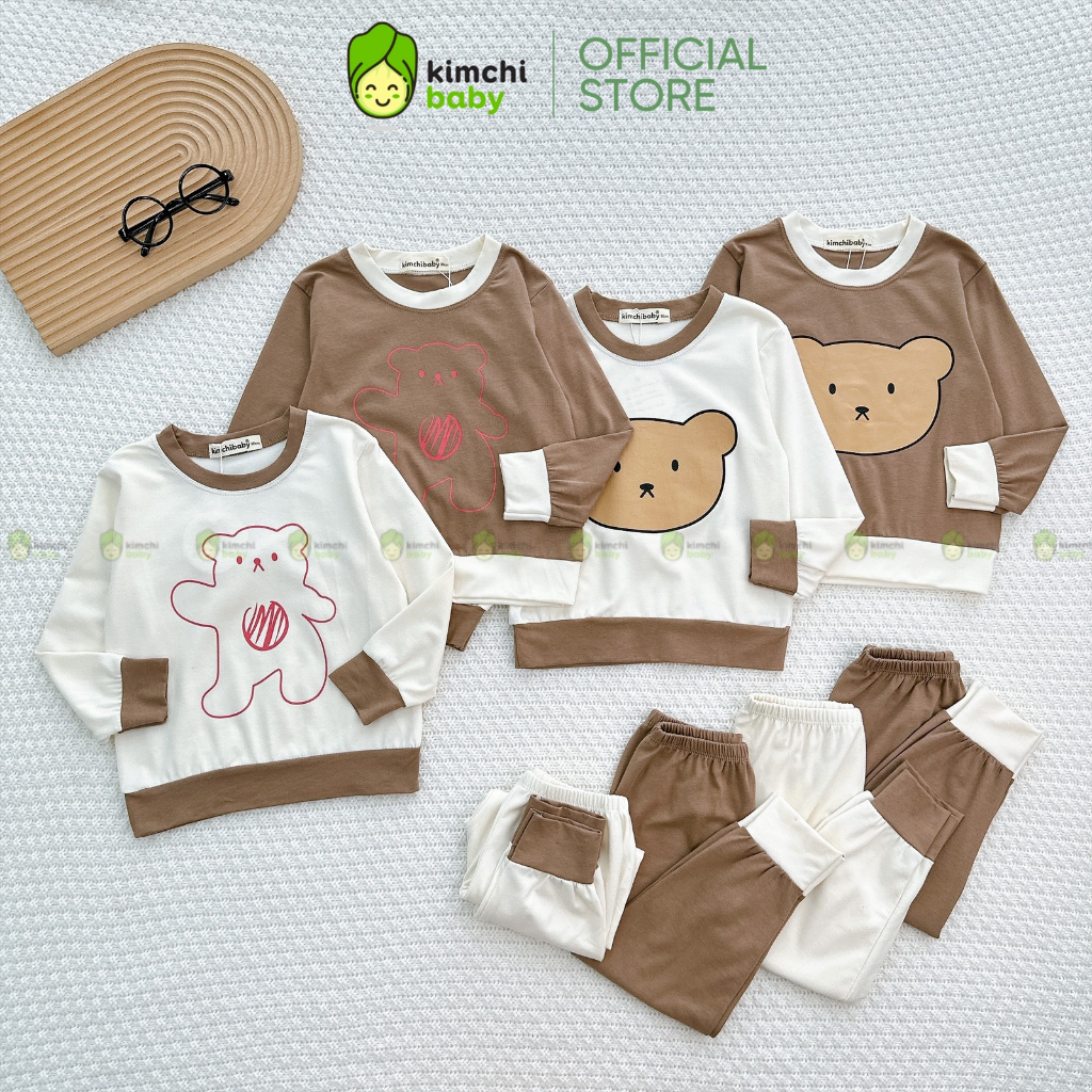 Bộ Dài Tay Cho Bé Trai, Bé Gái KIMCHIBABY Vải Cotton 4C In Gấu Dễ Thương, Đồ Bộ Cho Bé Mặc Nhà Thu Đông KCTD315