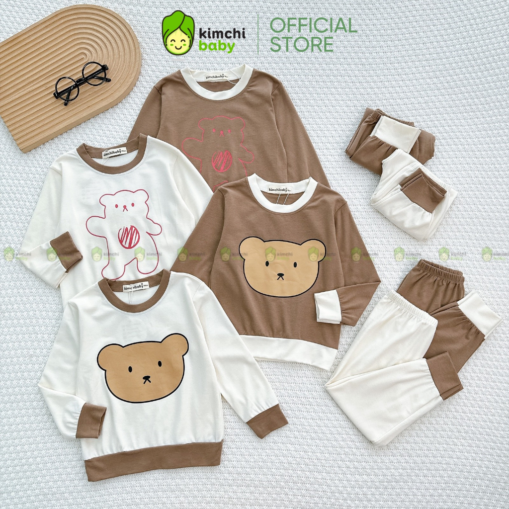 Bộ Dài Tay Cho Bé Trai, Bé Gái KIMCHIBABY Vải Cotton 4C In Gấu Dễ Thương, Đồ Bộ Cho Bé Mặc Nhà Thu Đông KCTD315