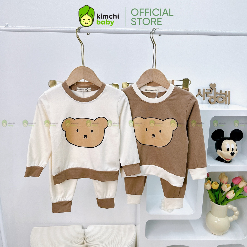 Bộ Dài Tay Cho Bé Trai, Bé Gái KIMCHIBABY Vải Cotton 4C In Gấu Dễ Thương, Đồ Bộ Cho Bé Mặc Nhà Thu Đông KCTD315
