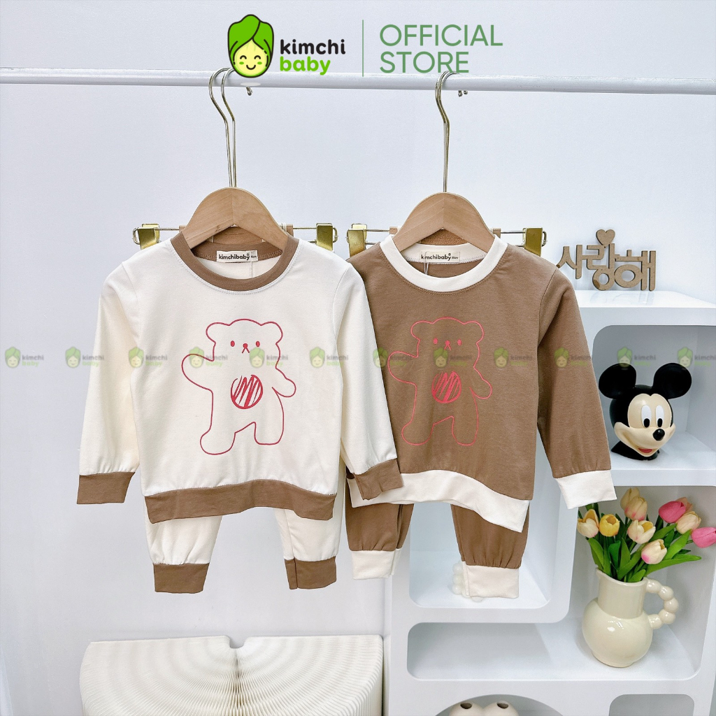 Bộ Dài Tay Cho Bé Trai, Bé Gái KIMCHIBABY Vải Cotton 4C In Gấu Dễ Thương, Đồ Bộ Cho Bé Mặc Nhà Thu Đông KCTD315
