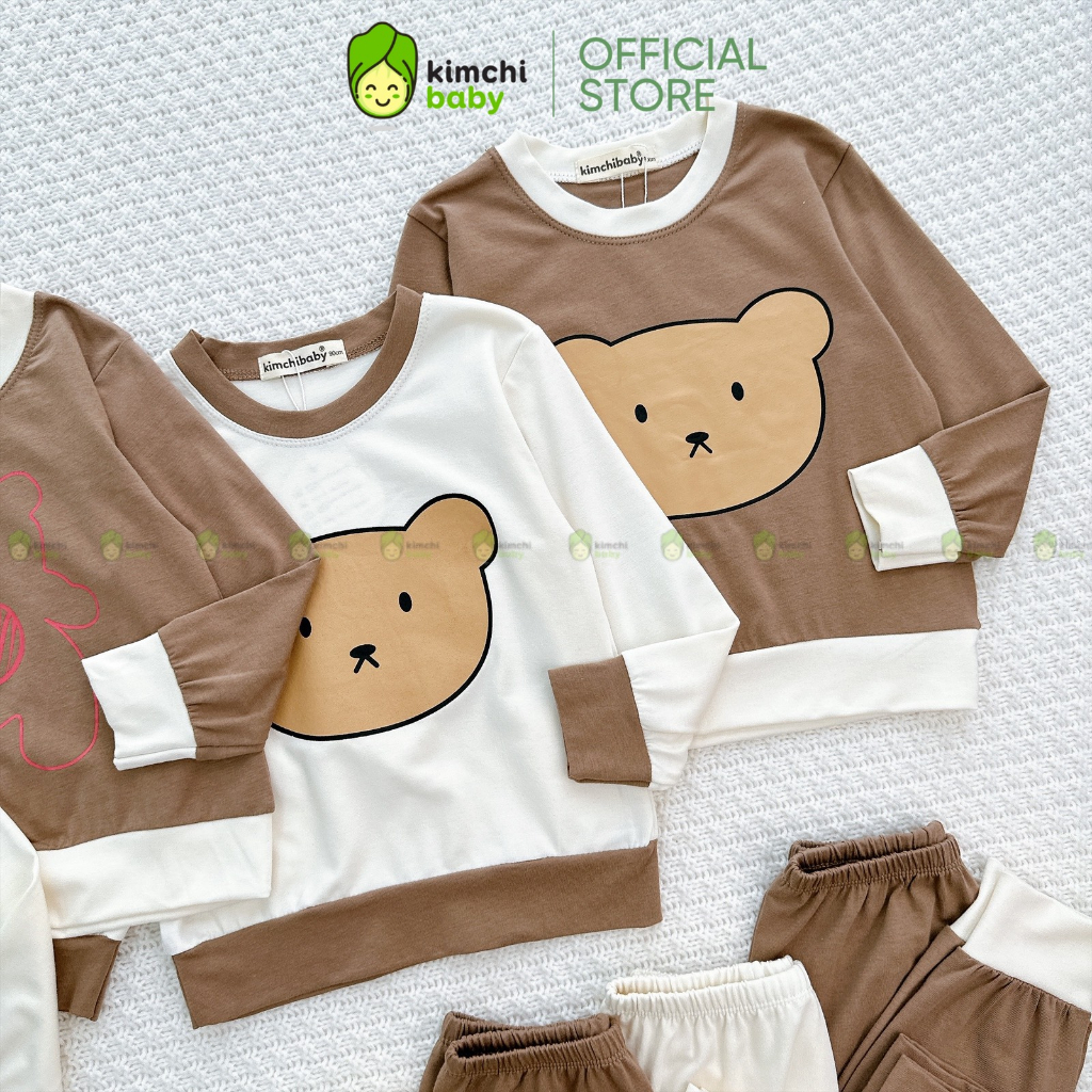 Bộ Dài Tay Cho Bé Trai, Bé Gái KIMCHIBABY Vải Cotton 4C In Gấu Dễ Thương, Đồ Bộ Cho Bé Mặc Nhà Thu Đông KCTD315