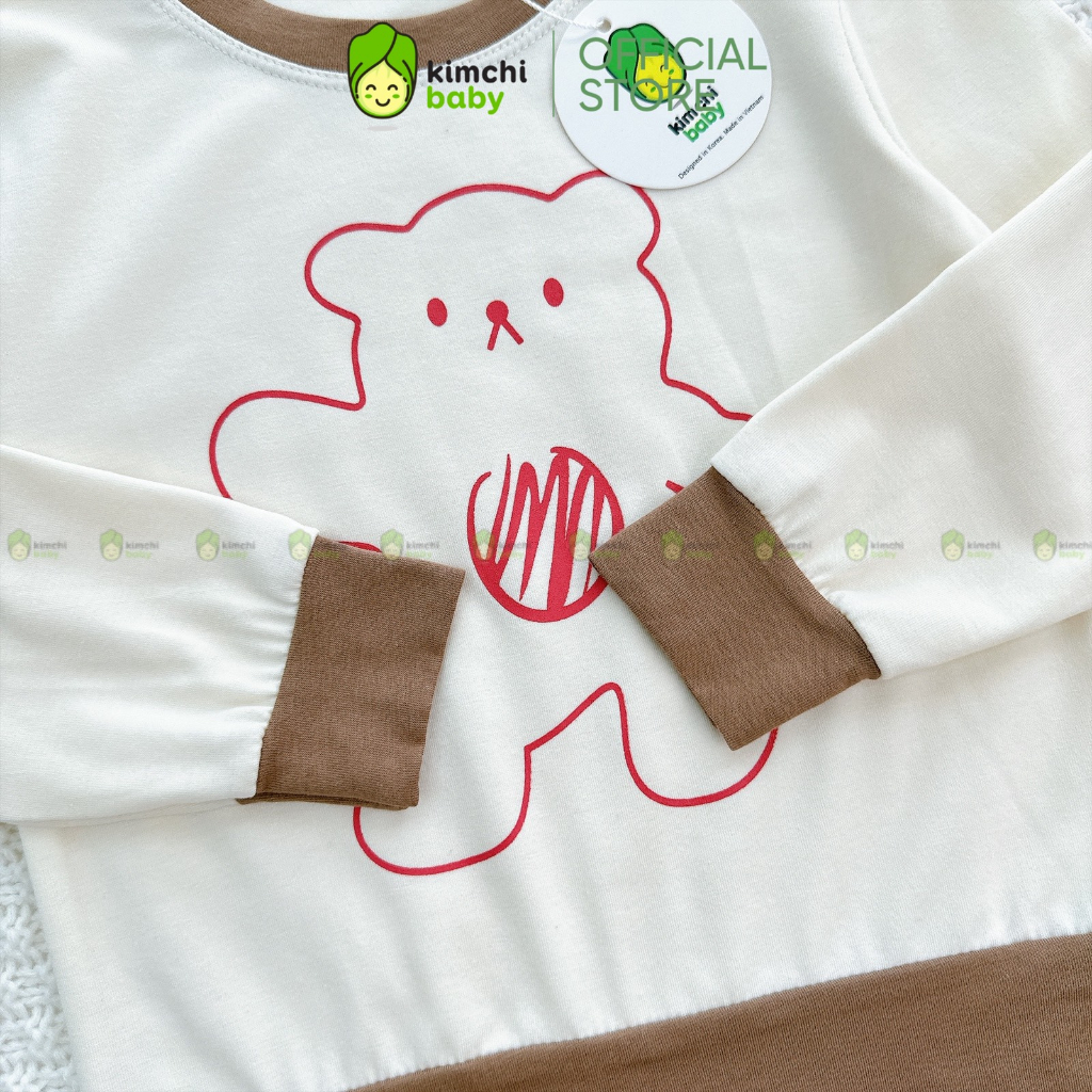 Bộ Dài Tay Cho Bé Trai, Bé Gái KIMCHIBABY Vải Cotton 4C In Gấu Dễ Thương, Đồ Bộ Cho Bé Mặc Nhà Thu Đông KCTD315